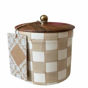 Hand Painted Taupe Checkered Ceramic Canister w/ Wood Lid 5in Made in India NEW